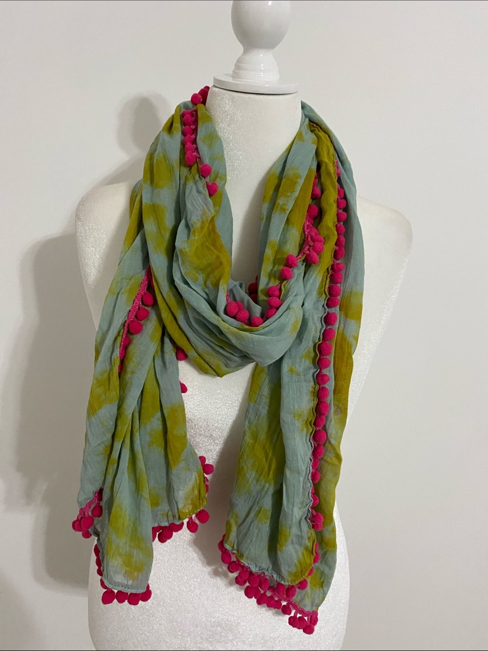 NATURAL LIFE Green Tie-Dye Scarf or Wrap with Fuchsia PomPom Trim